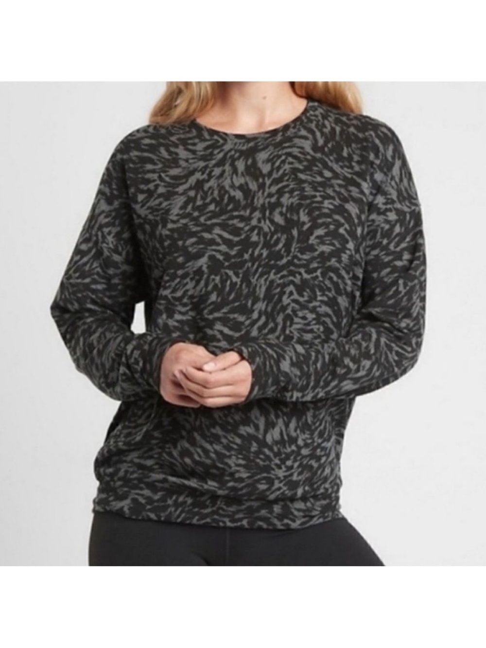 Athleta S Balance Luxe Black Gray Crewneck French Terry Cotton Sweatshirt